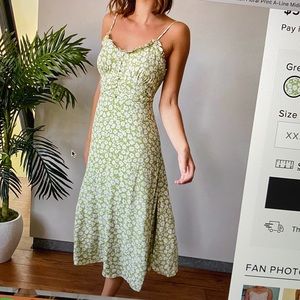Lulu’s green floral print A-line midi dress.